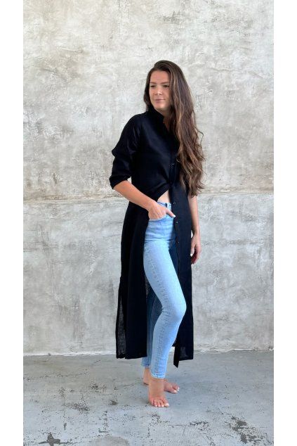Dámská lněná košile LINEN dlouhá černá (Velikost XS)