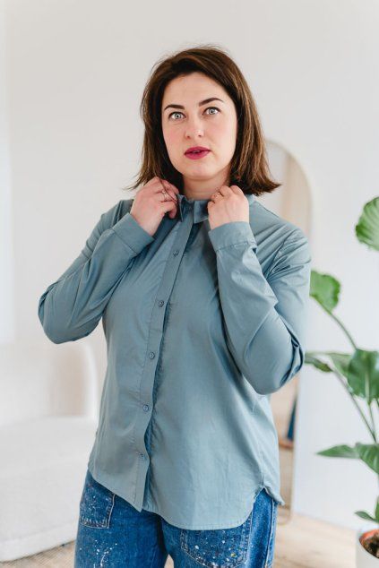 Dámská bavlněná košile POPLIN s řasením krátká mint (Velikost XXL)