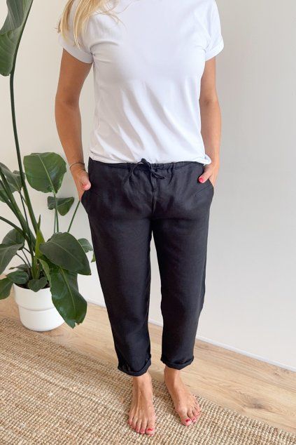Dámské lněné kalhoty LINEN úzké černé (Velikost XL)
